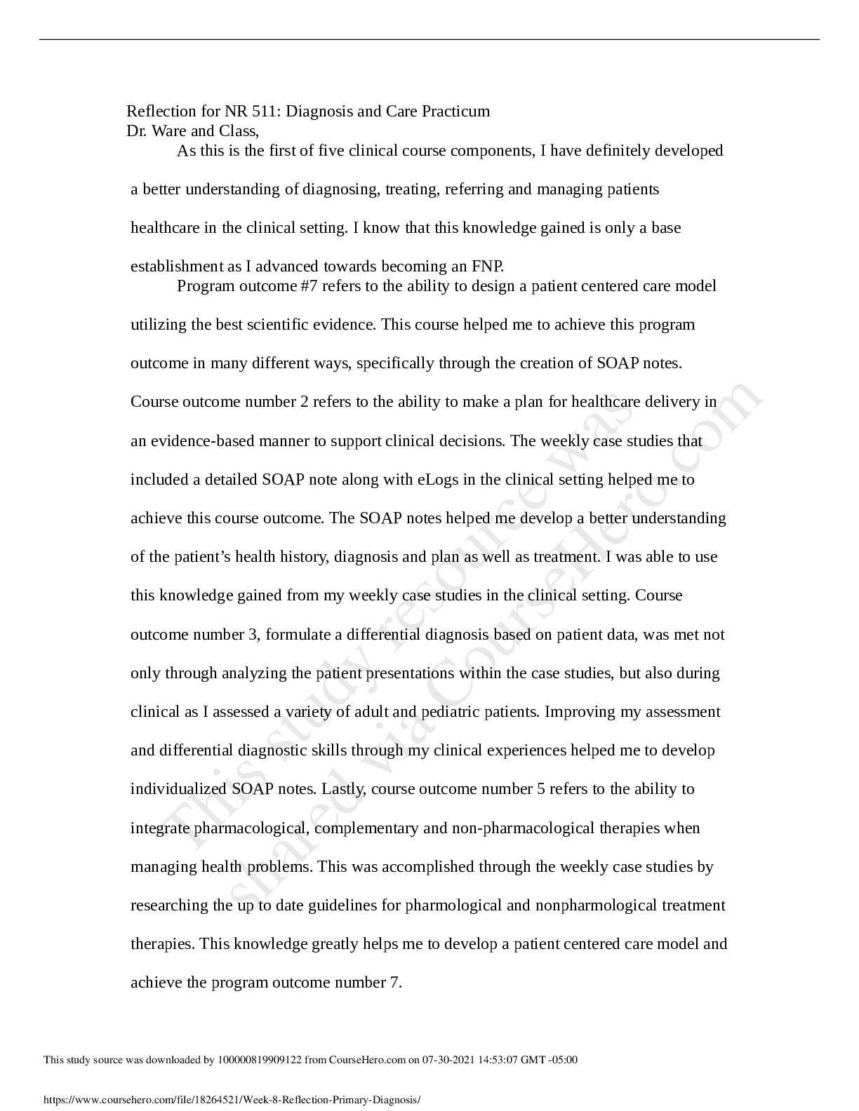 Preview of NR 511_Week 8 Reflection Primary Diagnosis